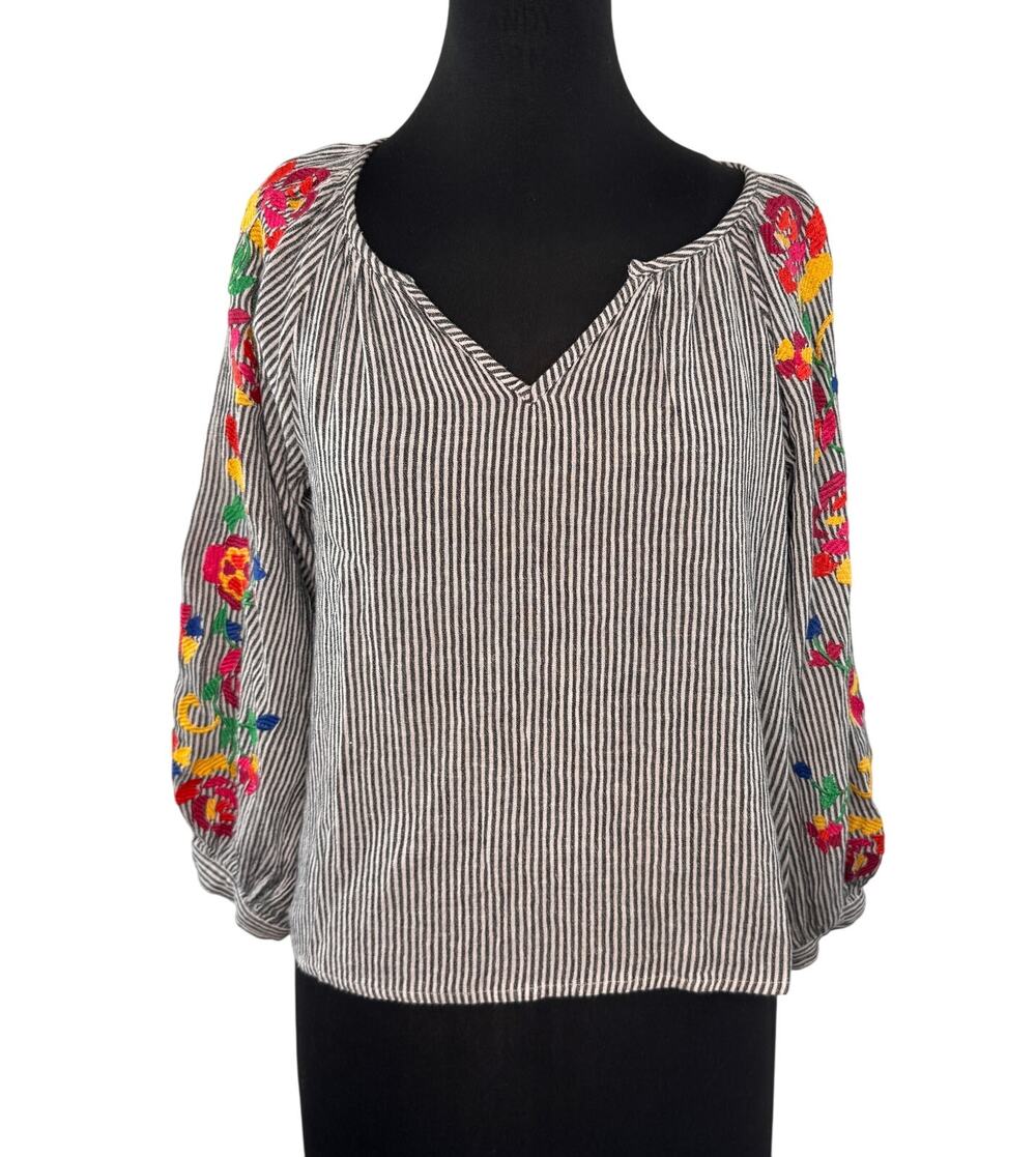 Floreat Black White Crop Blouse Cotton Striped Floral Embroidered Size Medium M